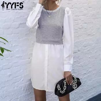 YYFS женские модные летние весенние повседневные платья с длинным рукавом и круглым вырезом S грязно-белый