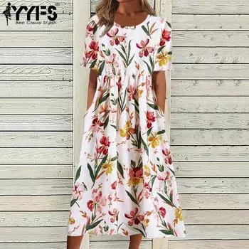 YYFS женские модные летние весенние повседневные платья с цветочным узором и коротким рукавом с круглым вырезом и средней талией S