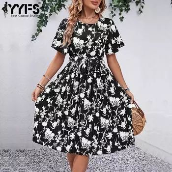 YYFS женские модные летние весенние повседневные платья с цветочным узором и коротким рукавом с круглым вырезом и средней талией