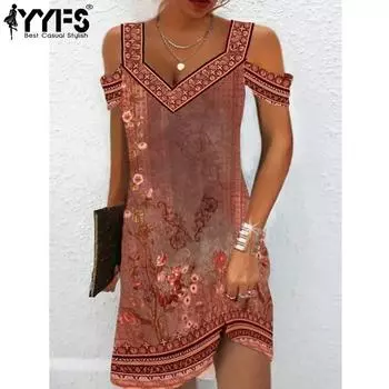 YYFS женские модные летние весенние повседневные платья с коротким рукавом и v-образным вырезом с высокой талией и принтом S