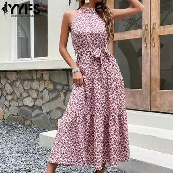 YYFS женские модные летние весенние повседневные платья без рукавов с высокой талией и цветочным принтом S розовый