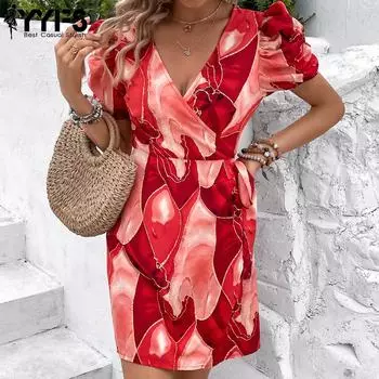YYFS женские модные летние весенние повседневные платья с коротким рукавом и v-образным вырезом с цветочным принтом S красный