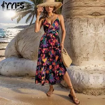 YYFS женские модные летние весенние повседневные платья без рукавов без подтяжек с v-образным вырезом и длинными рукавами S чёрный