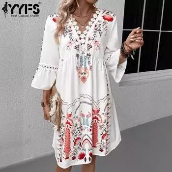 YYFS женские модные летние весенние повседневные платья с цветочным узором и рукавами 3/4, v-образным вырезом и высокой талией S чёрный