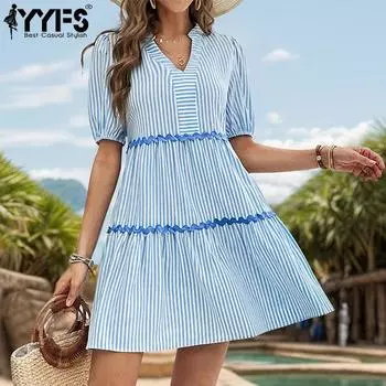 YYFS женские модные летние весенние повседневные платья в полоску с короткими рукавами и воротником-стойкой и высокой талией S синий