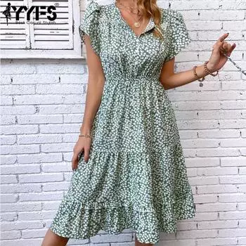 YYFS женские модные летние весенние повседневные платья с коротким рукавом и круглым вырезом с цветочным принтом XL зелёный