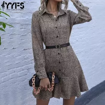 YYFS женские модные летние весенние повседневные платья с леопардовым принтом и длинными рукавами-поло, воротником и высокой талией
