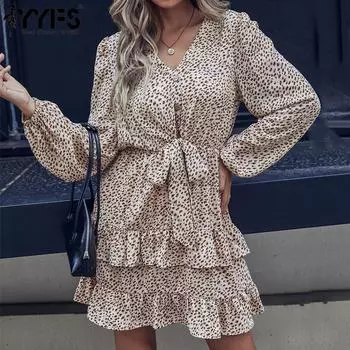 YYFS женские модные летние весенние повседневные платья с леопардовым принтом и длинным рукавом, v-образным вырезом и высокой талией S хаки