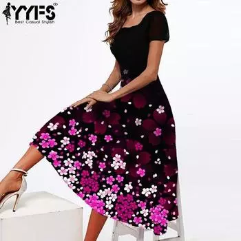 YYFS женские модные летние весенние повседневные платья с цветочным узором и коротким рукавом с квадратным воротником и средней талией S