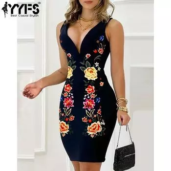 YYFS женские модные летние весенние повседневные платья без рукавов с v-образным вырезом и средней талией S чёрный