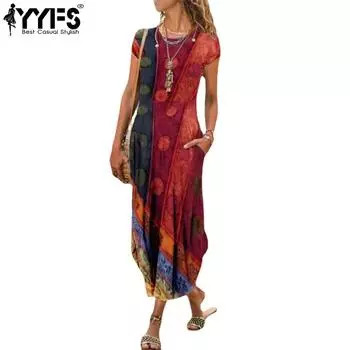 YYFS женские модные летние весенние повседневные платья с цветочным узором и коротким рукавом с круглым вырезом и средней талией S