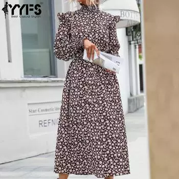 YYFS женские модные летние весенние повседневные платья с длинным рукавом и высоким воротом с цветочным принтом S