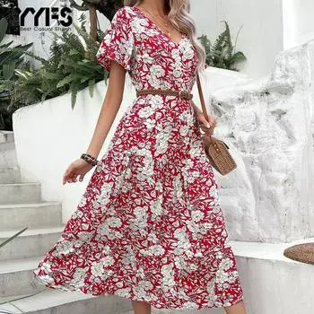 YYFS женские модные летние весенние повседневные платья с коротким рукавом и v-образным вырезом с цветочным принтом S бордовый
