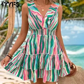 YYFS Женские модные летние весенние повседневные платья без рукавов с v-образным вырезом и высокой талией в полоску S зелёный