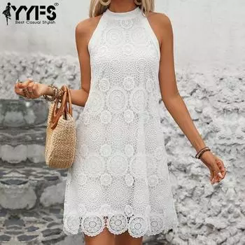 YYFS женские модные летние весенние повседневные платья без рукавов с круглым вырезом и свободной талией S белый