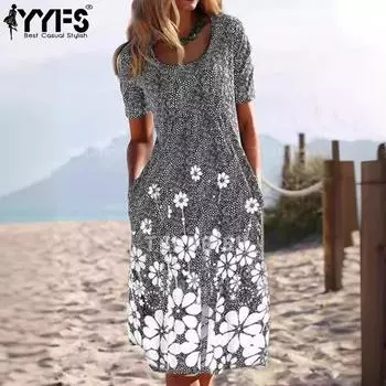 YYFS женские модные летние весенние повседневные платья с цветочным узором и коротким рукавом с круглым вырезом и средней талией S серый