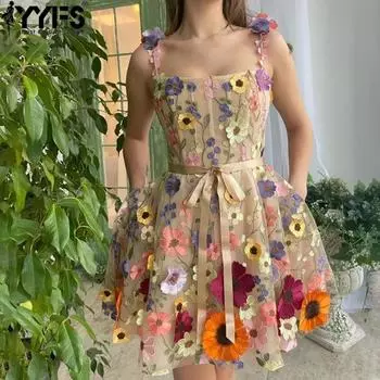 YYFS женские модные летние весенние повседневные платья без рукавов с цветочным узором и квадратным воротником с высокой талией S бежевый