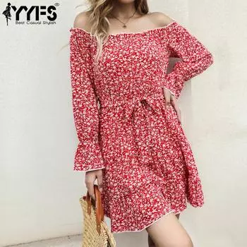 YYFS женские модные летние весенние повседневные платья с цветочным принтом и длинными рукавами S вино красного