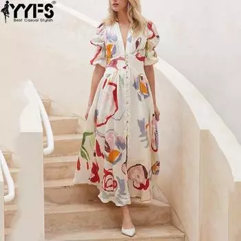 YYFS женские модные летние весенние повседневные платья с цветочным узором и коротким рукавом с v-образным вырезом и высокой талией