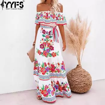 YYFS женские модные летние весенние повседневные платья без рукавов с цветочным узором на одно плечо и средней талией