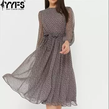 YYFS женские модные летние весенние повседневные платья в горошек с длинным рукавом и круглым вырезом с высокой талией M темно-коричневого