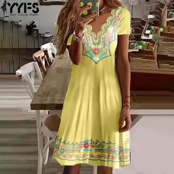 YYFS женские модные летние весенние повседневные платья с цветочным узором и коротким рукавом с v-образным вырезом и высокой талией S жёлтый