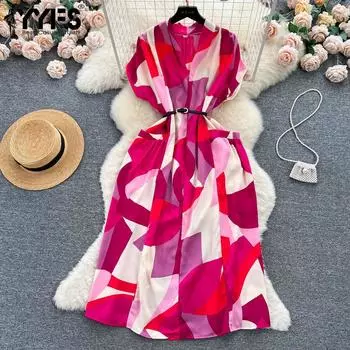 YYFS Женские модные летние весенние повседневные платья с цветными блоками и v-образным вырезом с коротким рукавом и высокой талией One Size розы красного