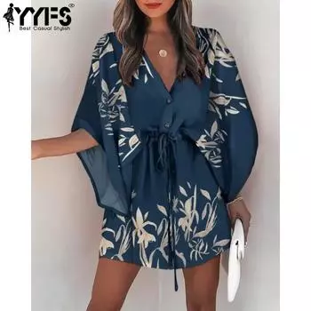 YYFS женские модные летние весенние повседневные платья с цветочным узором и коротким рукавом с v-образным вырезом и высокой талией S