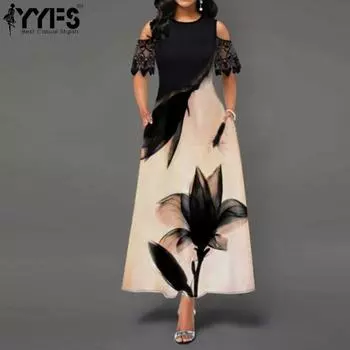 YYFS женские модные летние весенние повседневные платья с цветочным узором и коротким рукавом с круглым вырезом S чёрный