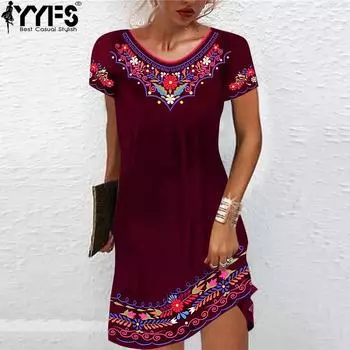 YYFS женские модные летние весенние повседневные платья с цветочным узором и коротким рукавом с круглым вырезом и средней талией S бордовый