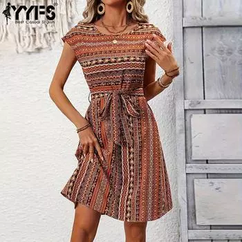 YYFS женские модные летние весенние повседневные платья с коротким рукавом и круглым вырезом с высокой талией S