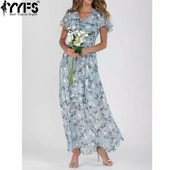 YYFS женские модные летние весенние повседневные платья с цветочным узором и коротким рукавом с v-образным вырезом и высокой талией S фиолетовый