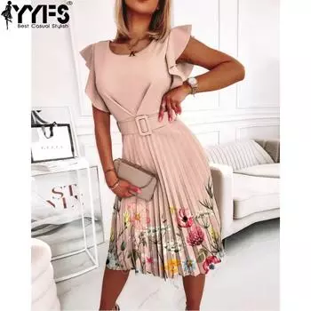 YYFS женские модные летние весенние повседневные платья с цветочным узором и коротким рукавом с круглым вырезом и средней талией S розовый