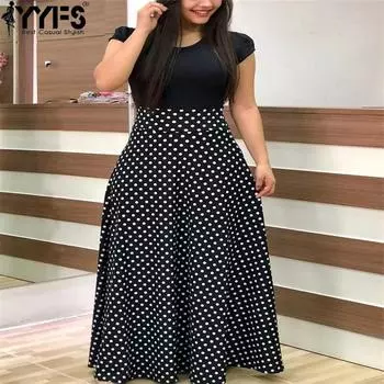 YYFS женские модные летние весенние повседневные платья с коротким рукавом и круглым вырезом с высокой талией S