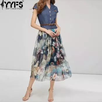 YYFS женские модные летние весенние повседневные платья с цветочным узором и коротким рукавом с v-образным вырезом и высокой талией S синий