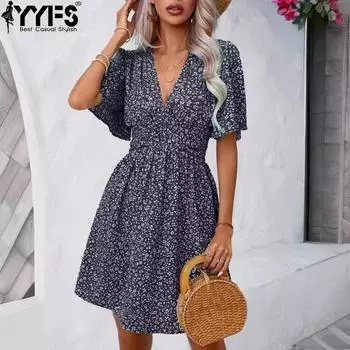 YYFS женские модные летние весенние повседневные платья с цветочным узором и коротким рукавом с v-образным вырезом и высокой талией S чёрный