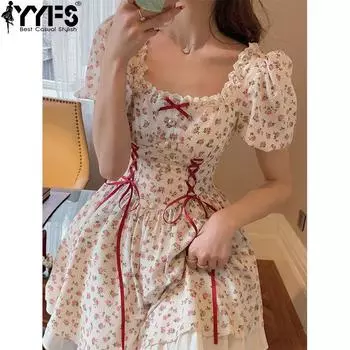 YYFS женские модные летние весенние повседневные платья с цветочным узором и коротким рукавом с квадратным воротником и высокой талией S