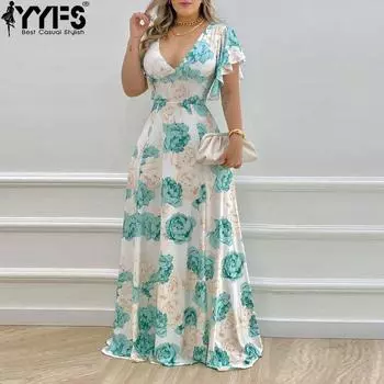 YYFS женские модные летние весенние повседневные платья с цветочным узором и коротким рукавом с v-образным вырезом и высокой талией S