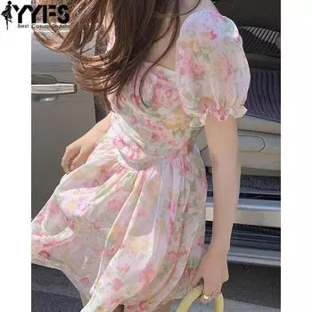YYFS женские модные летние весенние повседневные платья с цветочным узором и коротким рукавом с квадратным воротником и высокой талией S