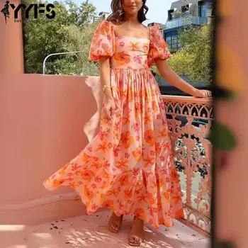 YYFS женские модные летние весенние повседневные платья с цветочным узором и коротким рукавом с квадратным воротником и высокой талией S