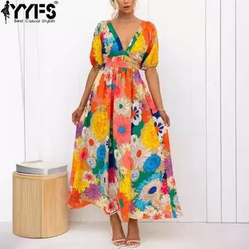 YYFS женские модные летние весенние повседневные платья с цветочным узором и коротким рукавом с v-образным вырезом и высокой талией S