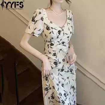 YYFS женские модные летние весенние повседневные платья с цветочным узором и коротким рукавом с v-образным вырезом и высокой талией S