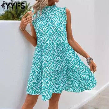 YYFS женские модные летние весенние повседневные платья без рукавов с круглым вырезом и свободной талией S синий