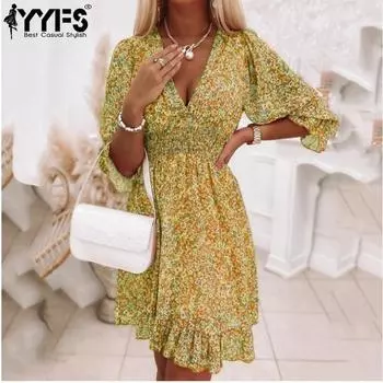 YYFS женские модные летние весенние повседневные платья с цветочным узором и коротким рукавом с v-образным вырезом и высокой талией S жёлтый