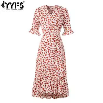 YYFS женские модные летние весенние повседневные платья с цветочным узором и коротким рукавом с v-образным вырезом и высокой талией S красный
