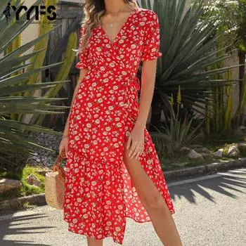 YYFS женские модные летние весенние повседневные платья с цветочным узором и коротким рукавом с v-образным вырезом и высокой талией S красный