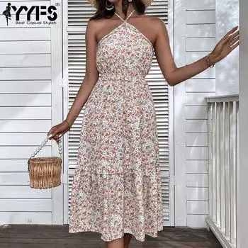 YYFS женские модные летние весенние повседневные платья без рукавов с цветочным принтом S оранжевый