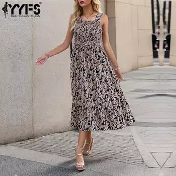 YYFS женские модные летние весенние повседневные платья без рукавов со средней талией и геометрическим принтом S хаки
