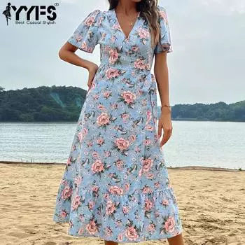 YYFS женские модные летние весенние повседневные платья с цветочным принтом и коротким рукавом, v-образным вырезом и высокой талией, повседневные пляжные платья для отдыха S синий