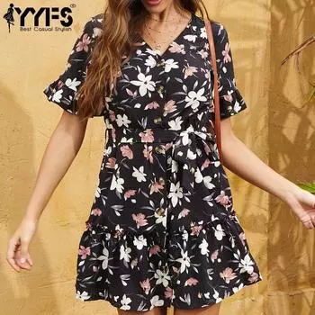 YYFS женские модные летние весенние повседневные платья с цветочным принтом и коротким рукавом, v-образным вырезом и высокой талией, повседневные пляжные платья для отдыха S